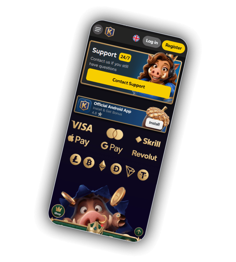 Sideboard row at Kingia Casino with Visa, Mastercard, Skrill, Revolut, Apple Pay and Google Pay tokens on an oak shelf